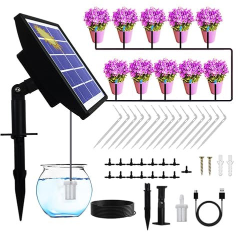 Ailgely Sistema di Irrigazione Automatico Antifone, Kit di Irrigazione Solare Goccia 1-600 secondi, Timer, Auto Irrigatore fai da te per Giardino, Balcone, Supporta 10-15 Vasi Piante