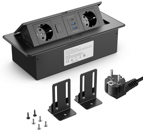 Einbau Steckdosenleiste USB C PD 20W, Ohuo 2 Fach Versenkte Steckdose mit 2 USB-A und Schalter, Versenkbare Tischsteckdose mit USB C und Schalter, 2m Kabel