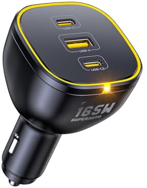 AOHI 165W Laptop Car Charger Adapter 140W PD 3.1/ 100W PD 3.0 USB C Super Fast Charging PPS 45W 3-Ports QC5.0 Car Lighter Charger for MacBook Pro, iPhone 16/15, Galaxy S24 Ultra, iPad, Black