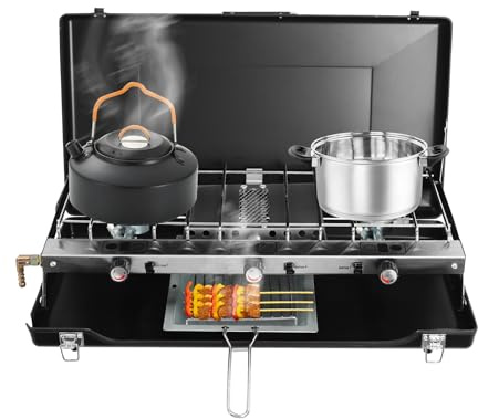 4500 W Plancha Gaz Exterieur Réchaud de Camping à Gaz 3 Feux avec Grille Amovible, Plateau et Brûleurs Individuels Intégrés Rechaud Camping Gaz Pliable pour Camping, Barbecues, Fêtes, Pique-niques