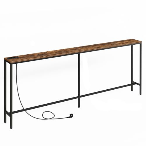 MAHANCRIS Konsolbord med uttag, smal sideboard, ingångsbord i industriell stil med USB-port, sidobord för soffa, entré, hall, vardagsrum, vintage brun ACTHR20UE01