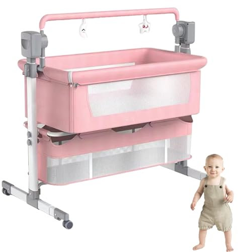 Elektrisches Beistellbett für Babys, Stubenwagen mit Rädern, höhenverstellbar, neigbar und schaukelnd, mit Moskitonetzen, großer Aufbewahrungstasche, für Säuglinge/Babys/Neugeborene,Pink