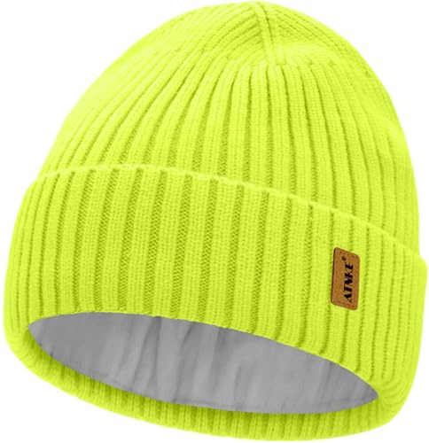 ATNKE Stickad mössa för herr och dam, vinter, mjuk ullmanschett, dött huvud, stretch, tjock, varm, fleece, foder, keps, dagliga gåvor, Fluorescerande gul, One size