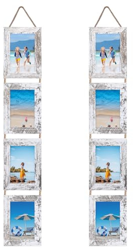 EYMPEU 10x15 Collage Vier aufgehängte Bilderrahmen Set, rustikale 8 offen vertikalen Rahmen gemacht, um 10x15 cm Foto-Postkarte für Wanddekoration anzuzeigen, Vintage-Weiß