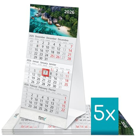 Timr skrivbordskalender 2026 liten att ställa upp - 3-månaderskalender med skjutreglage - kalender för skrivbord och kontor - motiv Karibien - 5 stycken I tr375