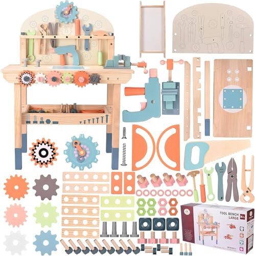 Yapasopu Werkbank aus Holz für Kinder, Spielwerkzeuge, Werkzeugbank aus Holz, Multifunktionswerkzeug, zum Entfernen von Schrauben und Muttern, für Kinder ab 3 Jahren