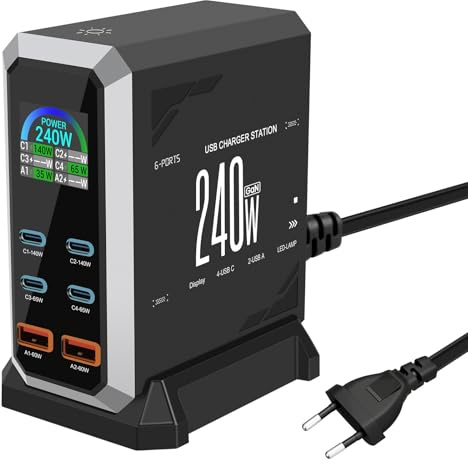 240W Caricatore USB Multiplo - 6 Porte (4 USB-C + 2 USB-A) con Ricarica Rapida, Stazione di Ricarica Compatta per Multi Dispositivi, Compatibile con MacBook, iPad, iPhone, Galaxy S22/S20, DELL, HP