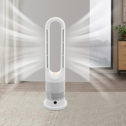 ARBGO Ventilatore moderno senza ali, ventilatore senza rotore con funzione fredda e calda, 8 velocità, timer 9H, ventilatore a torre molto silenzioso, per ufficio, casa e camera da letto (bianco)