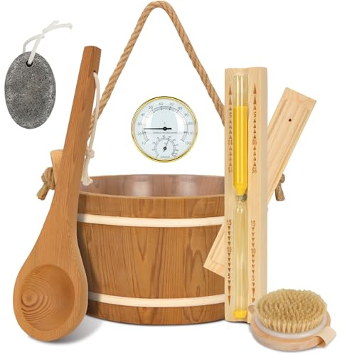 Sauna Accessories Kit 6PCS,Handcrafted from Canadian Premium Red Cedar Wood,Sauna Bucket and Ladle Set with Thermo-Hygrometer, Sand Timer, Brush, Exfoliating Stone – Sauna Gift Set for Home Steam Room