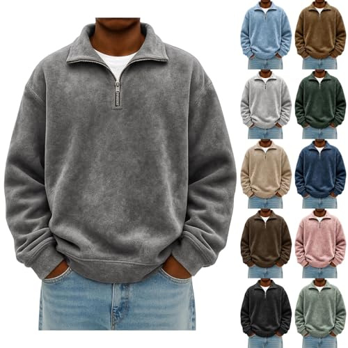 Generico Felpa Uomo con Zip Senza Cappuccio Pullover in Pile Foderato Calda Manica Lunga Felpe con Cerniera A 1/4 Felpa Lavoro Dolcevita Maglione Pesante Antivento Atletica Casual Taglie Forti