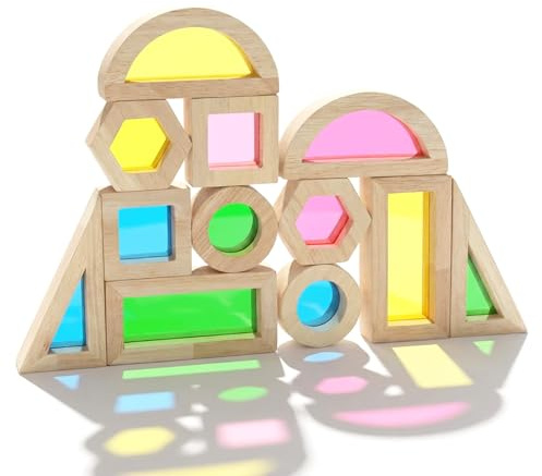 WOODENFUN 32 pezzi costruzioni arcobaleno in acrilico con luci Montessori giocattoli per bambini in legno di gomma blocchi trasparenti arcobaleno in acrilico (12 pezzi)