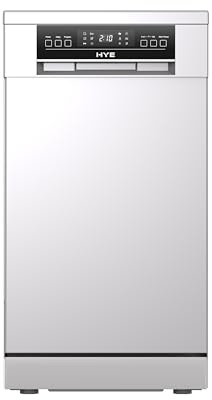 HYE Slimline Dishwasher 45cm Freestanding White 9 Place Settings | Quiet 49 dB dish washer, Intensive, Eco, Light, 60 Min, Rapid and Pre Rinse programs, water softener, cutlery basket