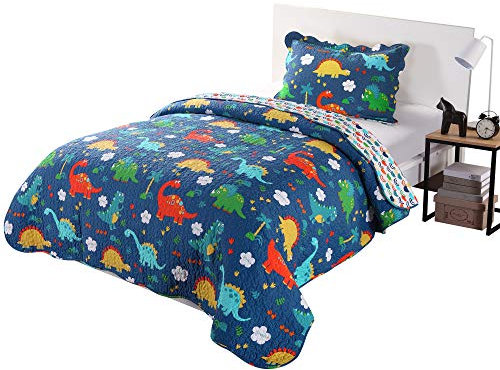 Queen Linens 100% Cotton 2 Piece Kids Quilt Bedspread Comforter Set Throw Blanket for Teens Boys Girls Kids Beds Bedding Coverlet Dinosaur (Twin)