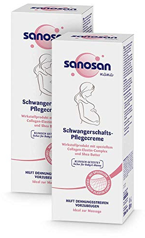 sanosan Schwangerschaftscreme klinisch getestet - Beugt Dehnungsstreifen & Schwangerschaftsstreifen vor - Schwangerschafts Pflegecreme ohne Paraffinöl, Farbstoffe, Silikone & Parabene (2x 200 ml)
