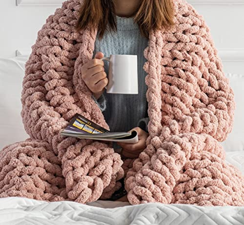 Chunky Knit Blanket Throw - 50x60 3.7 lbs.- Soft Chenille Yarn Knitted Blanket -Machine Washable Crochet Blanket - Handmade Cable Knit Throw Blanket for Couch, Bed (Blush Pink)