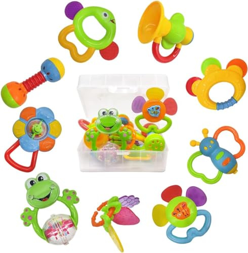 fiouni Hochet Bébé Jouet de Dentition - Ensemble de Hochets Premiers Jouets pour Bébé Garçon Fille 3-6-9 Mois - Cadeau Nouveau-né 11 Pièces (Rose)