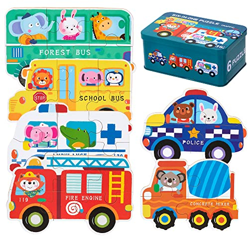 Puzzles de Madera, 6 Pack Rompecabezas de Madera de Vehiculos y transportes, Juguetes Educativo Montessori, Juego clásico de desarollo Regalo para Infantiles Bebé Niños (Bus)