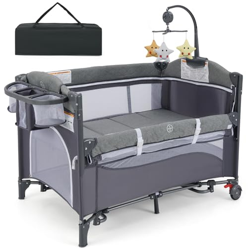 GYMAX Baby Travel Cot, 5-in-1 Portable Baby Bed Playard (Classic)