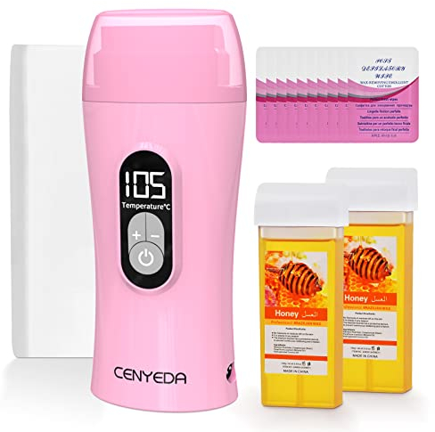 Digitales Roll on Wax Kit, Waxing Set Wax Roller für Warmwachs Haarentfernung, Konstante Temperatur wax maschine mit 2 Honig Roll-on Enthaarungswachs, 10-Wachs-Entfernungsöl und 100 Wachsstreifen