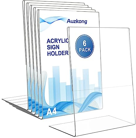 Auzkong 6 Pack A4 Sign Holders, Acrylic Slant Sign Holders, Clear Plastic Display Stand, Acrylic Paper Signs Holder Photo Frame for Restaurants Hotels Menu Stores Office (A4-6 Pack)