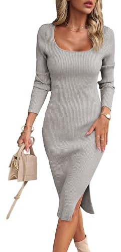 VOGMATE Strickkleid Damen Winter Langarm Kleid Sexy Herbstkleid Partykleid Midikleid Knit Bodycon Dress Pulloverkleid Lichtgrau S