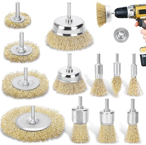 DazSpirit 12-teiliges Drahtbürste Set für Bohrmaschine – Messingbeschichtete Drahtbürsten & Topfbürsten-Set, 1/4 Zoll-Schaft Drahtbürste Messingbürste zum Entfernen von Rost/Korrosion/Farbe