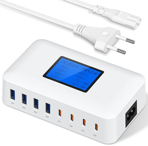 200W Cargador USB C Multiple, 8-Port USB C Cargador Portátil PD 65W Carga Rápida, Estación de Carga USB con Pantalla LCD, para MacBook, iPad, iPhone 16/15/14/13 Pro/MAX y Samsung S24/S23-Blanco