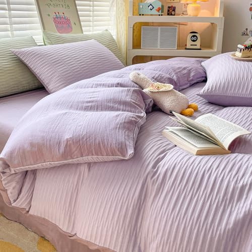 Seersucker Duvet Cover Set Double Size Beddding Set with Pillowcases for Teens Adults Soft Microfiber Polyester Seersucker Bedding, Lilac, 200x200cm