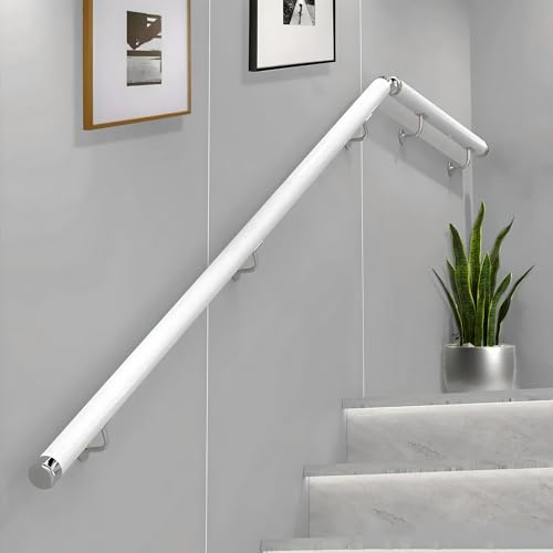 Wooden Handrails for Stairs, Non Slip Stair Railings with Bracket, Wood Banister Staircase Hand, Wall Mounted Decoration Stair Handrail, Corridor Support Rod with Grab Bar Kit, Indoor(White, 180cm)