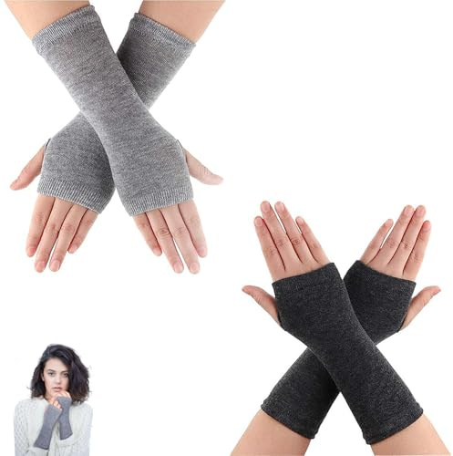 2 Pairs Cashmere Fingerless Gloves Women, Wrist Warmers for Women, Indoor Gloves, Gloves Christmas Gifts for Girls Ladies(Black/Light Gray)