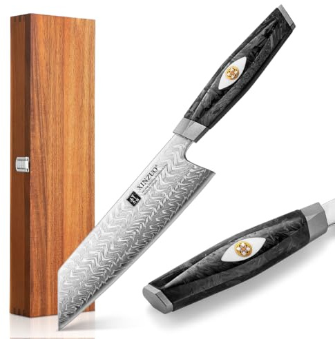 XINZUO Damaskstål 18,7 cm Kiritsuke kockkniv 145 lager damaskstål kök vass kockkniv – österrikisk M390 pulverstål – handtag tillverkat av svart kolfiberharts – aciaträ presentförpackning