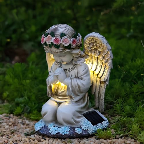 Colexy Statue da Giardino a Forma di Angelo, Simpatiche Luci Solari da Giardino in Resina con Angelo, Resistente Alle Intemperie, Statua di Angelo in Preghiera per Cimitero per Prato Cortile, B