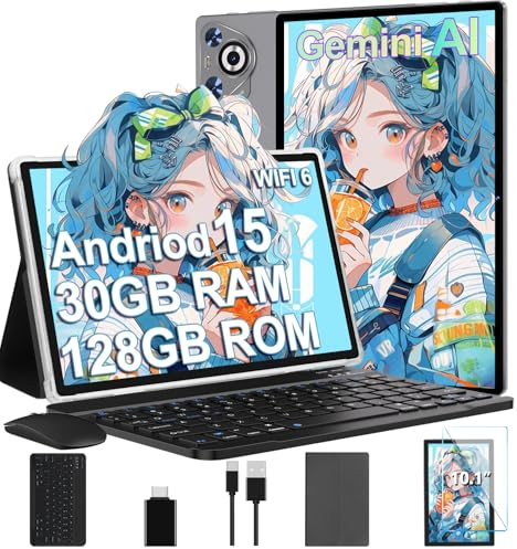 Tablet Android 15, 30GB RAM 128GB ROM(TF 2TB Espandibile), 10 Pollici, 8000mAh, WIFI 5G/ GPS/BT5.0/OTG, Face ID, Widevine L1, Tablets Corpo in Metallo con Tastiera, Mouse, Custodia Protettiva -Grigio