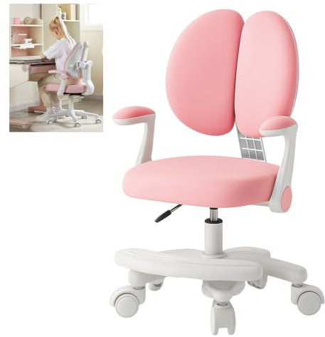Sedia da scrivania per bambini, ergonomica, girevole per bambini, con ruote a 360 gradi e poggiapiedi, regolabile in altezza, comoda sedia di apprendimento per cameretta dei bambini (rosa, edizione