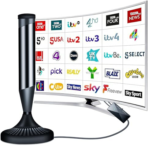 TV Aerial Indoor, Freeview Indoor Aerial for Smart Tv with Long Range, Tv Antenna Indoor with 360° Reception & Magnetic Base, Support VHF/UHF/DAB Radio/4K/1080P, Suit for All TVs(Black)