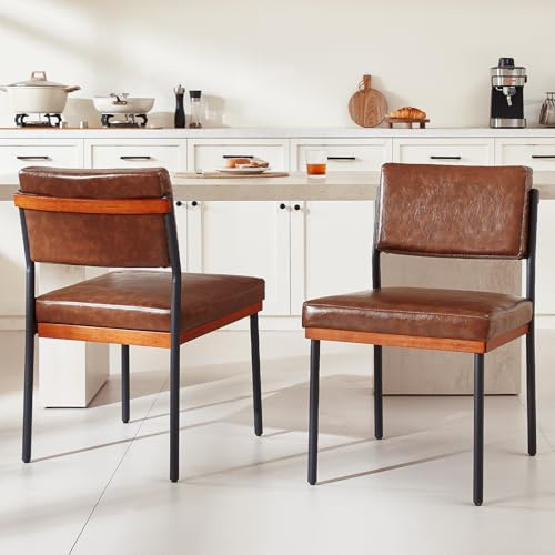 Finekoze Modern Dining Chairs Set of 2, Kitchen Chairs with Thick Cushions and Adjustable Foot Pads, Upholstered Faux Leather Dining Room Chairs with Sturdy Metal Legs,Coffee