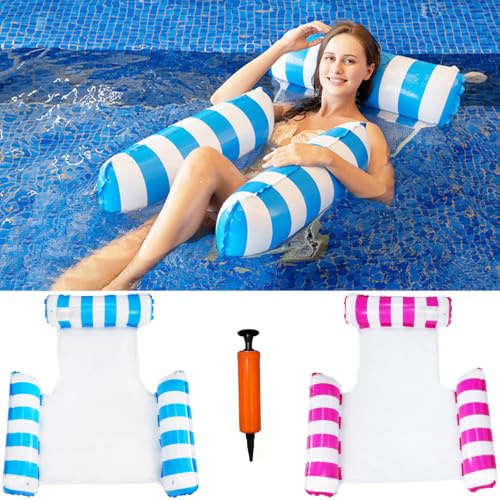2 stycken uppblåsbara vattenhängmattor (ljusblå + rosaröd) – 3-i-1 luftmadrass med luftpump för pool, sjöar och strand – nätbotten, stabil upp till 120 kg – simfåtölj för vuxna – vikbar