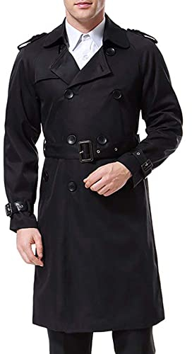 AOWOFS Herren Zweireihiger Trenchcoat mit Gürtel Revers Lang Mantel Business Jacke Frühling Übergangsjacke （ Schwarz XL