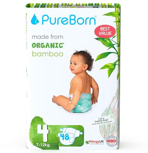 PureBorn 48 Couches Taille 4 (7-12 kg), Ultra-Absorbantes, Hypoallergéniques, Couches douces pour Bébé 7-12 mois, Testées Dermatologiquement, Anti-fuites, Écologiques en Bambou Naturel
