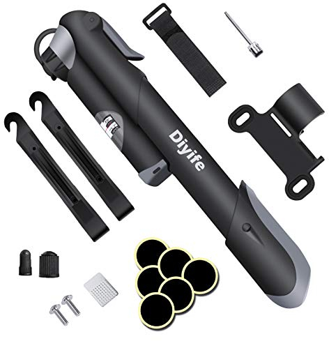 Fahrradpumpe mit Manometer, Diyife [Perfekter Satz] Mini Luftpumpe Fahrrad, Presta & Schrader-Ventil, Ball Pumpe mit Nadel, Klebefreien Patch Kit und Rahmenhalterung, Für Mountainbikes, Rennrad