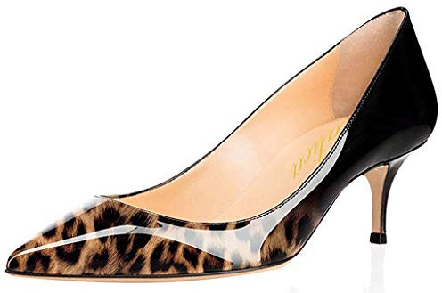 Women's Pointed Toe Patent Leather Elegant Comfort Slip On Kitten Heel Dress Court Shoes Black-Leopard Size 38