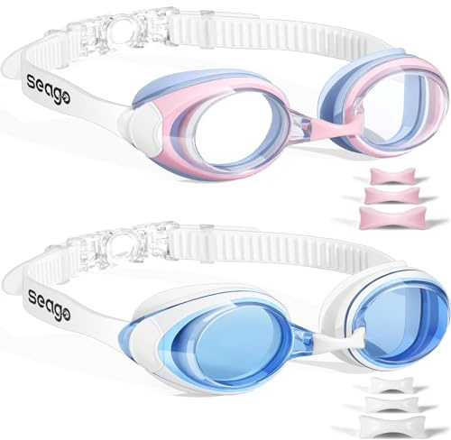 Seago Swimming Goggles 2 Pack Anti Fog Goggles Swimming UV Protection Fit for Adult Men Women Youth Junior, No Leaking Soft Silicone Seal Flat Lens Clear Vision, 3 Sizes of Nose Bridge