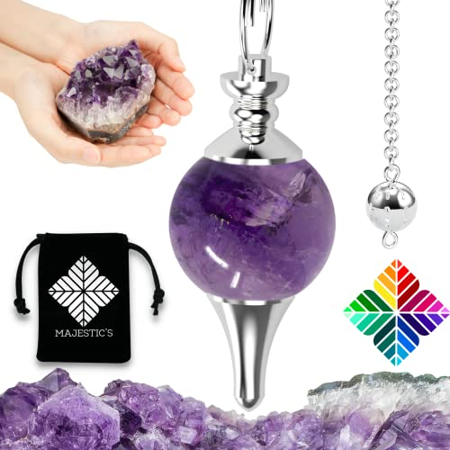Majestic's Péndulo Adivinación Profesional AMATISTA – Pendulo Divinatorio Universal de Radiestesia de Piedra Natural, Gota de Agua con Metal – Para Zahorí, Clarividencia, Feng-Shui, Tarot, Esoterismo