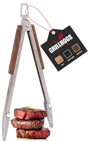 GRILLHOGS 16-Inch Barbecue Tongs, Stainless Steel + Walnut Wood, Premium Grill Tongs, 1 Pair