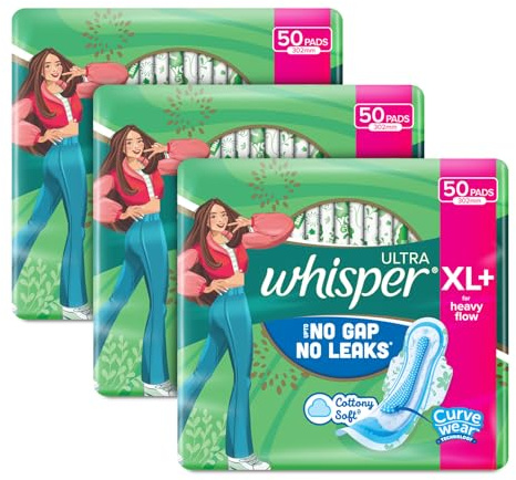 Whisper Ultra Clean Damenbinden für Damen, 150 dünne Einlagen, XL+, Hygiene und Komfort, weiche Flügel, trockenes Oberlaken, geeignet für starke Flüssigkeit, geruchsfrei, 31,7 cm lang, mit Einwegfolie
