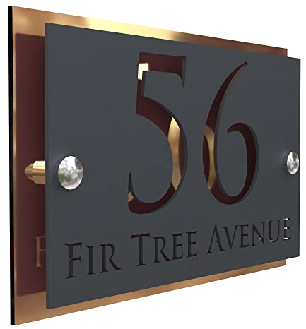 K Smart Sign | Simpatico | Modern laser Cut House Signs 3d effect door number address style sign plaques address numbers | 200mm x 130mm (Copper Mirror & Matt Gray)