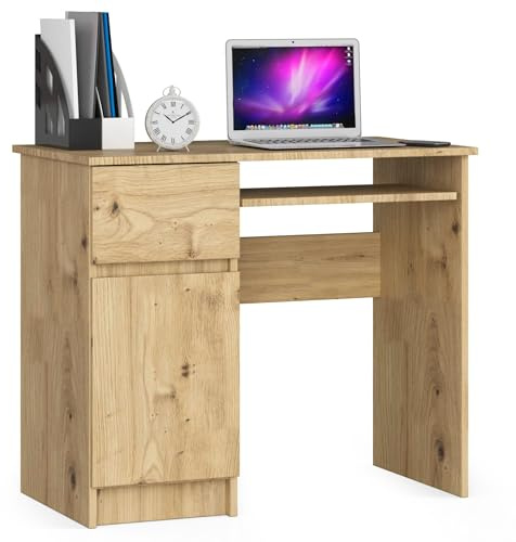 AKORD | Escritorio con Estante para Teclado, Cajón y Contenedor en el Lado Izquierdo | Escritorio de Oficina | Escritorio para Computadora PC Portátil | 90x77x50 cm | 30 kg Roble Artisan