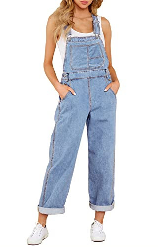 Roskiky Salopette da donna in jeans Loose Fit Denim Bib Baggy Tuta Straight Wide Leg Stretch Jean Pantaloni alla moda, Celeste., L