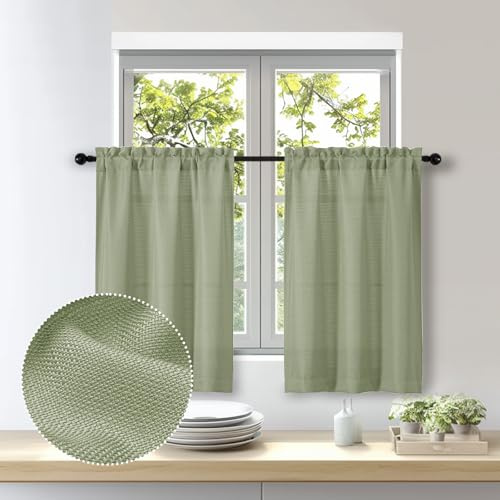 OWENIE Bob – Lot de 2 rideaux de cuisine courts en faux lin texturé avec passe-tringle pour fenêtre de cuisine, salle de bain, 76 x 91,4 cm (l x L), vert sauge