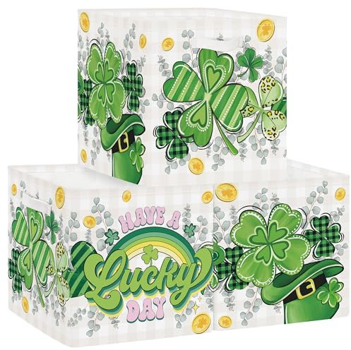 Clastyle Set di 3 Scatole Portaoggetti Giorno San Patrizio Cubo di Stoccaggio per Armadio Vestiti Cesto Scaffali Bambini Scrigno dei Giocattoli e Libri della Scuola Materna, Quadrifoglio, 30x30x30 cm